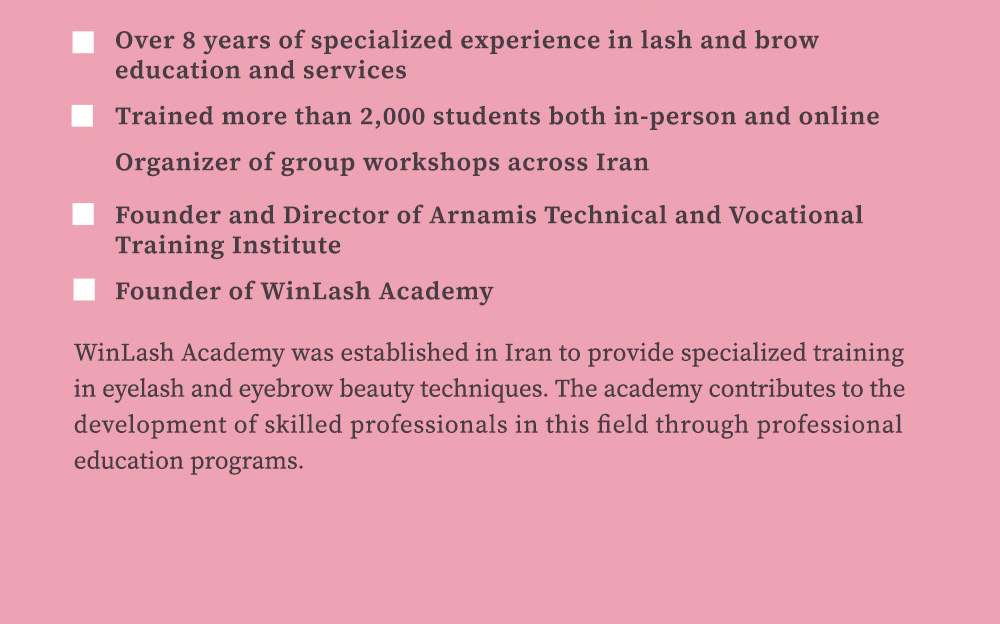 List of achievements including 8 years in lash and brow education, training 2000 students, and founding WinLash Academy | Winlash