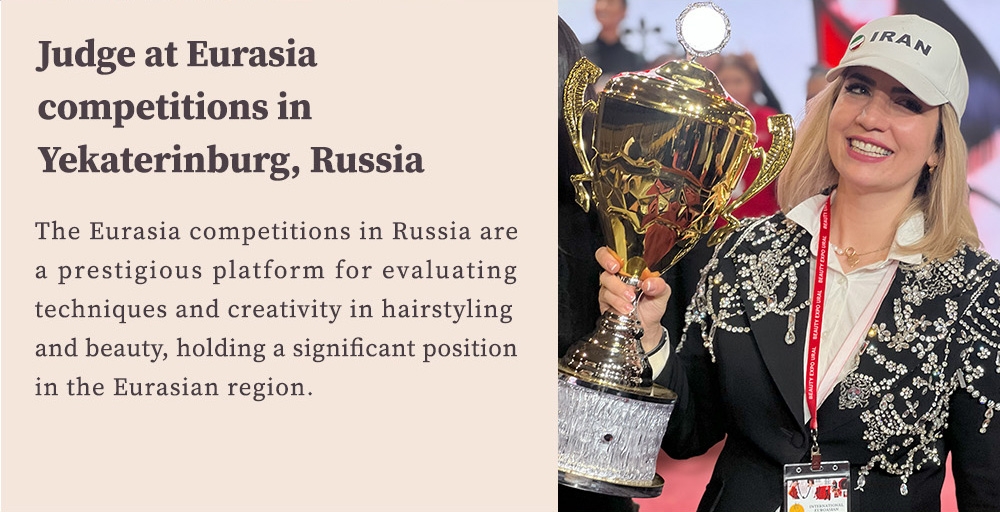 Judge at Eurasia competitions in Yekaterinburg Russia, holding trophy for hairstyling and beauty creativity | Winlash