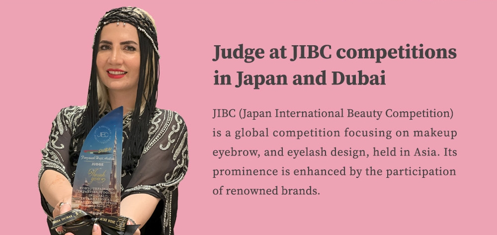 Judge at JIBC competitions in Japan and Dubai, holding award for makeup, eyebrow, and eyelash design | Winlash
