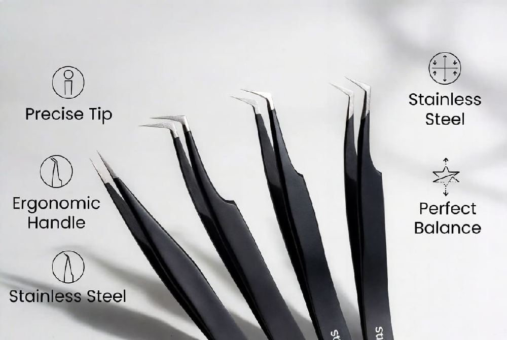 Types of professional eyelash tweezers: straight, curved, volume, and isolation with precision tips, ergonomic handles, and stainless steel | Key features for lash extensions