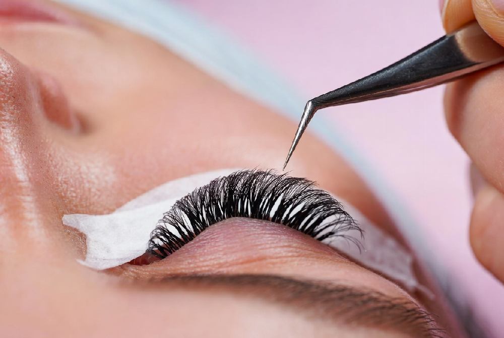 Professional curved isolation tweezer separating natural lashes during eyelash extension application
