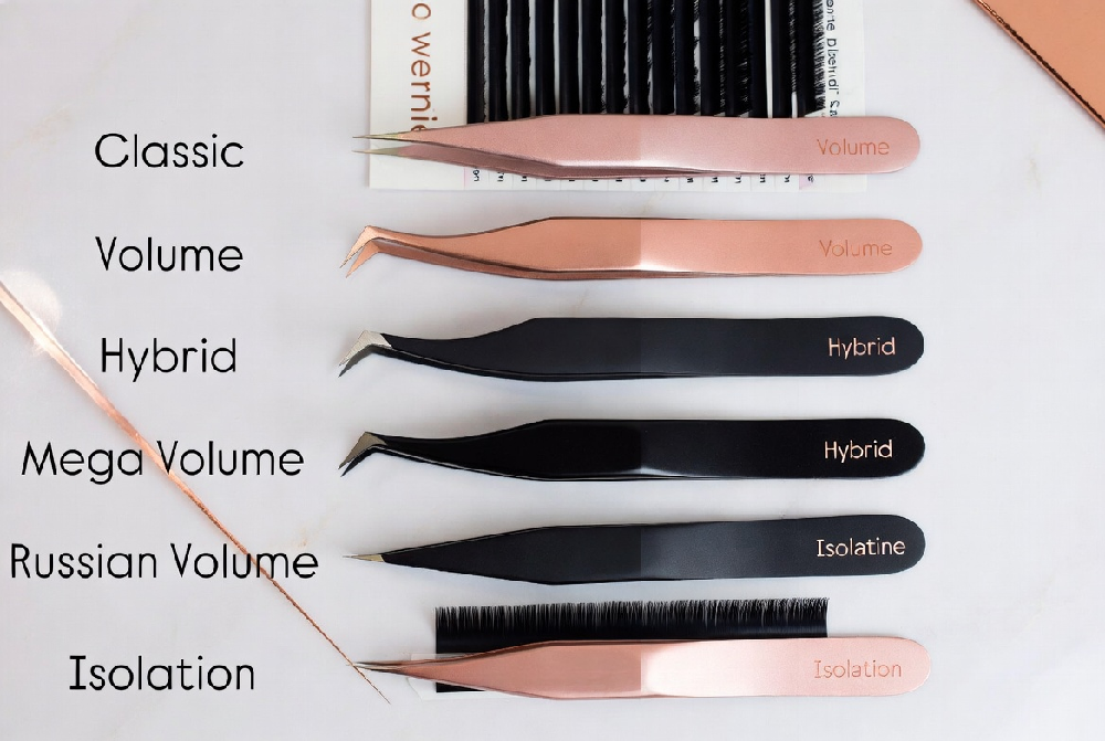 Comparison of lash tweezers for Classic, Volume, Hybrid, Mega Volume and Russian Volume techniques