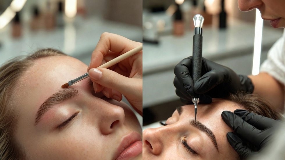Brow lamination hair restructuring vs microblading skin tattooing process