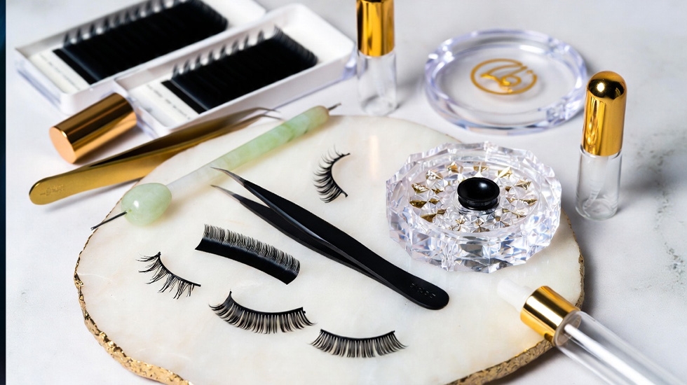 Professional lash extension tools including laser palette and silicone patches