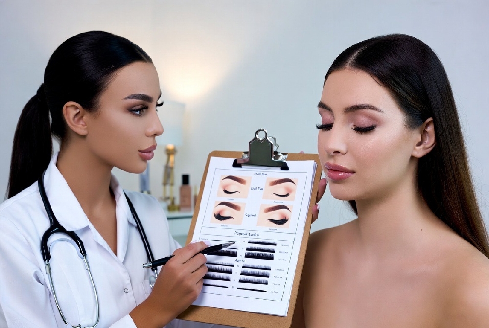 Lash mapping guide – designing perfect natural eye shapes with classic extensions for lifted, symmetrical look Customized eyelash mapping for natural gaze: Doll Eye, Squirrel, and Natural Sweep styles illustrated on model eyes