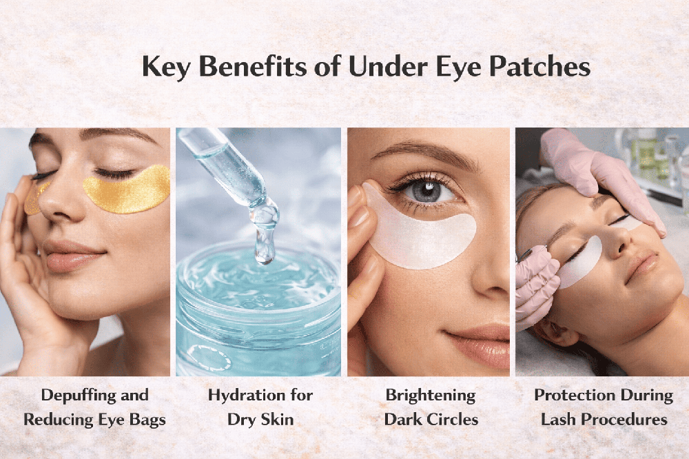Woman applying hydrogel under eye patches to reduce puffiness, dark circles and fine lines for refreshed look