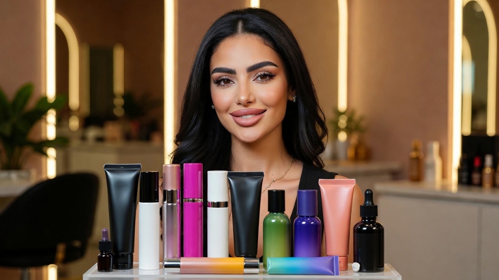 Professional brow tint and dye products lineup with model showcasing natural to graphic brow results