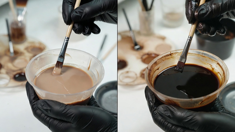 Gloved hands mixing classic and hybrid brow dye with developer for safe oxidation process