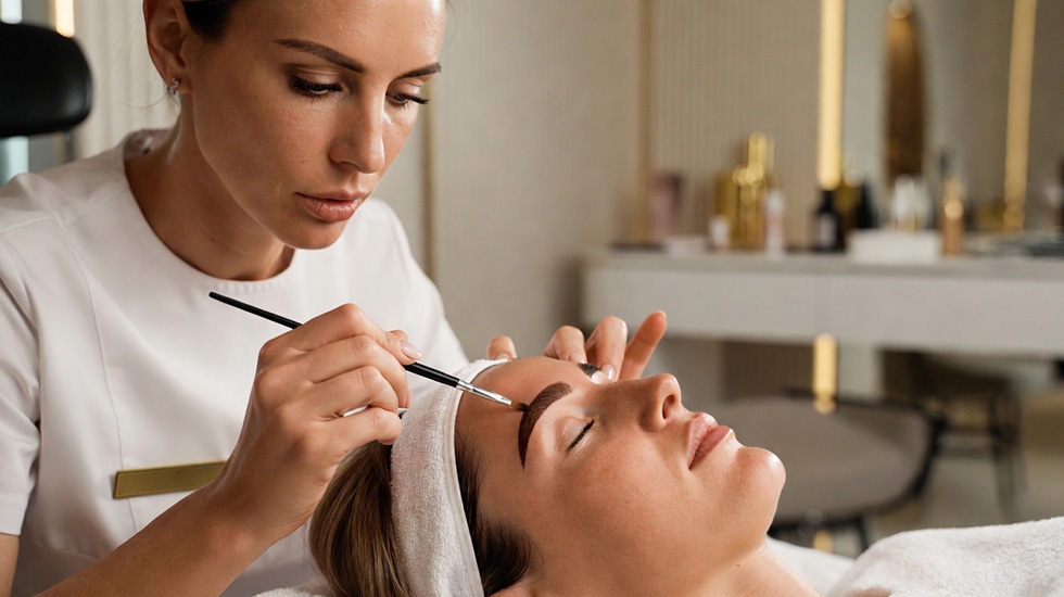 Professional esthetician applying classic brow tint to client for subtle hair-only color enhancement