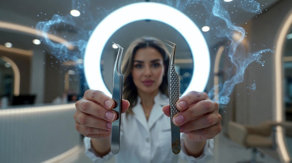 Surgical Stainless Steel Lash Tweezers Showing Chromium Oxide Passivation Layer - Professional Tool Metallurgy