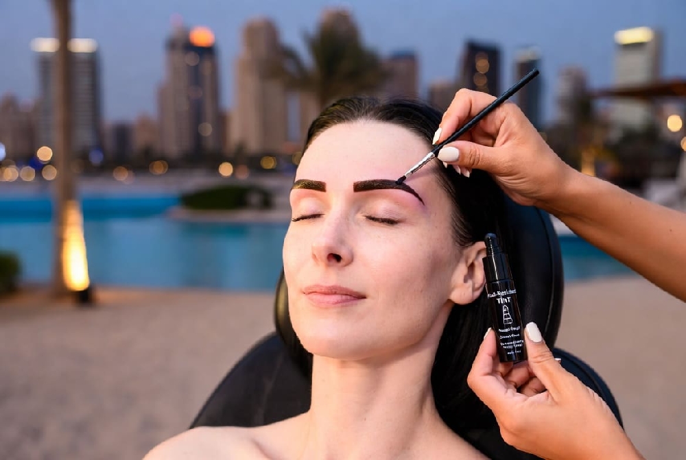 Eyebrow Tinting in Hot Climates Like Dubai | Long-Lasting Brow Tint Results Professional eyebrow tinting treatment in Dubai outdoor setting with city skyline