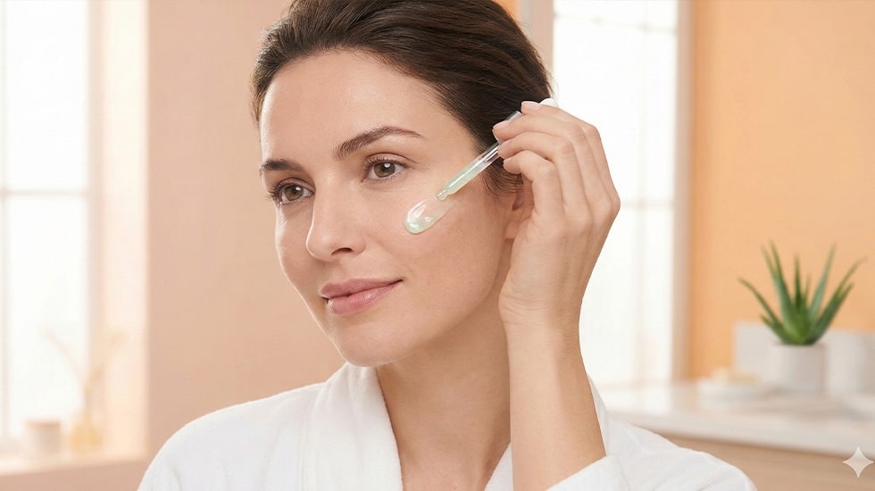 How to Safely Use Vitamin C on Sensitive Skin Woman applying soothing Vitamin C serum gently on sensitive skin to avoid irritation