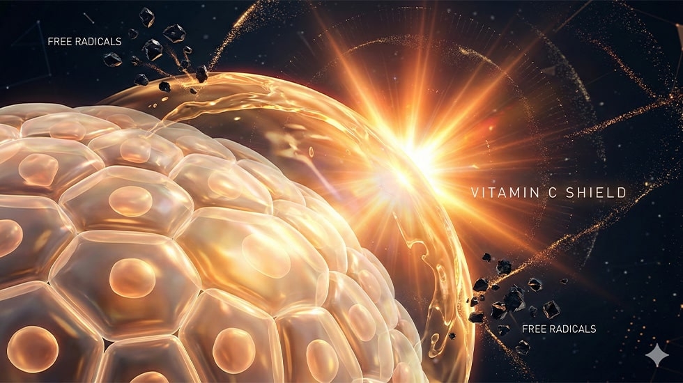 The Science of Radiance: Why Use Vitamin C Serum Vitamin C serum bottle glowing with radiance benefits for skin protection against UV rays