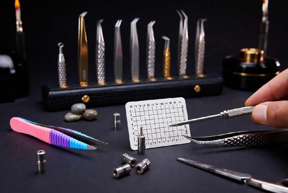 Premium stainless steel lash tweezers with custom grips and perfect calibration - Winlash Dubai Collection of customized and calibrated professional lash tweezers in different angles and types