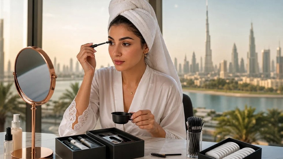 Confident woman applying lash dye at home in Dubai with professional kit – safe and effective eyelash tinting