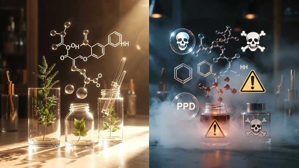 Safe plant-based ingredients vs harmful chemicals like PPD in lash dye kits – visual guide for safe at-home eyelash tinting