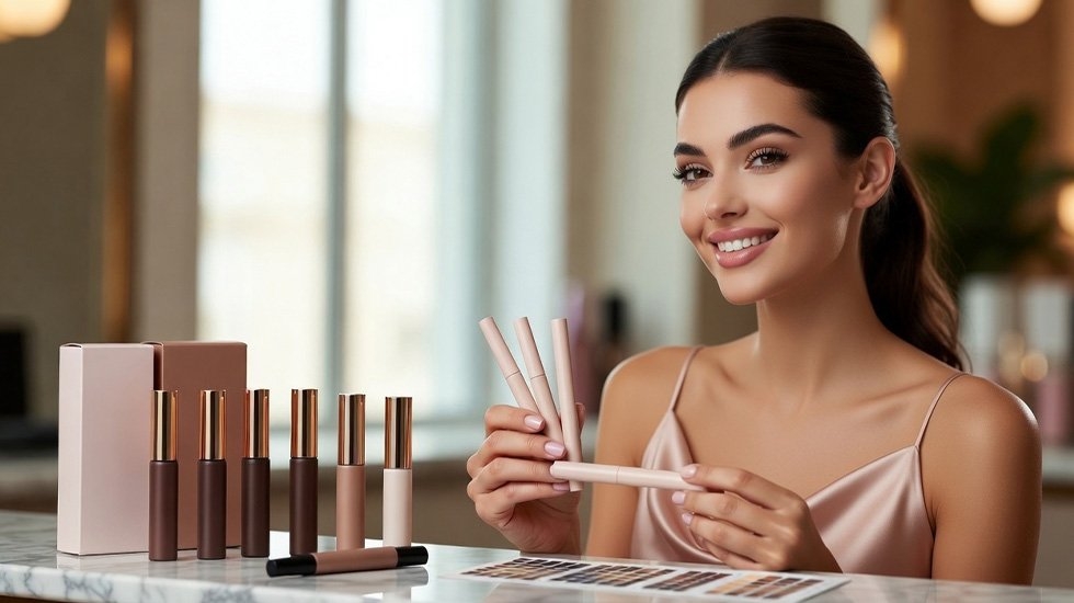 Woman choosing the right lash dye shade and professional tint kit for natural-looking results at home