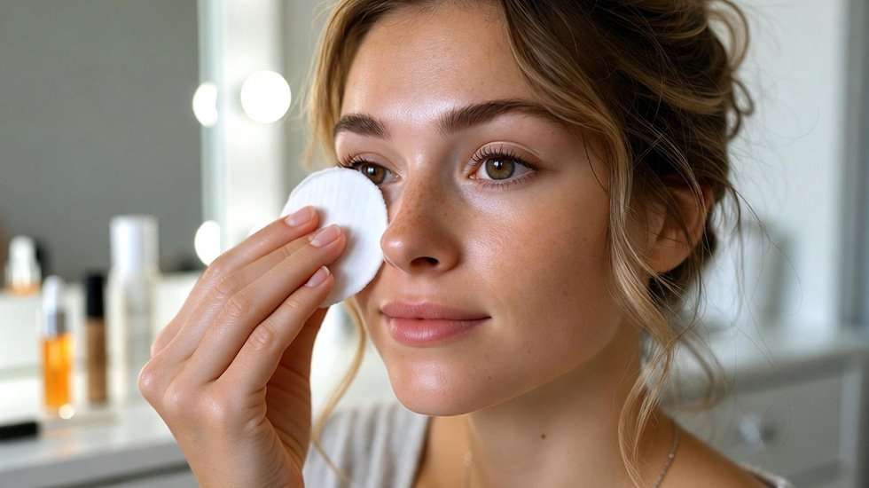 Gentle aftercare for lash dye – woman using cotton pad for safe removal and longer-lasting eyelash tint results