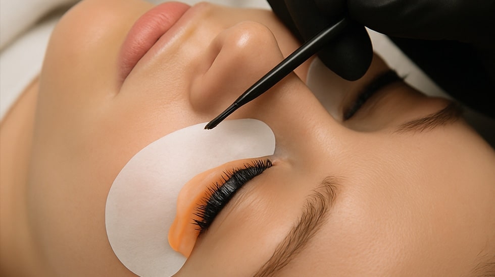 Professional Lash Lift in Dubai: Silicone Shield Application for Lifted Lashes | Winlash Technician placing silicone shield and lifting natural lashes in professional lash lift procedure