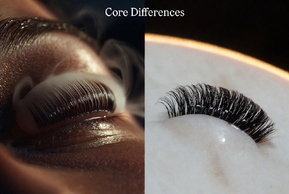 Lash lift vs lash extensions comparison 2026 - natural curled lashes on left vs classic extensions on right for Dubai beauty trends