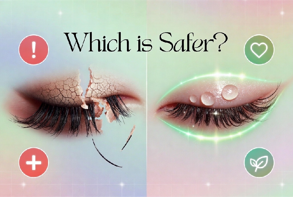 Lash health comparison: damaged lashes from heavy extensions vs healthy natural lashes after safe lash lift and lamination 2026