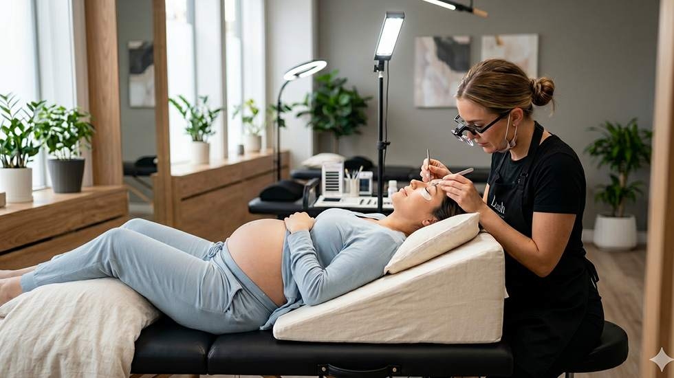 Pregnant woman receiving safe lash lift with proper posture and wedge pillow support