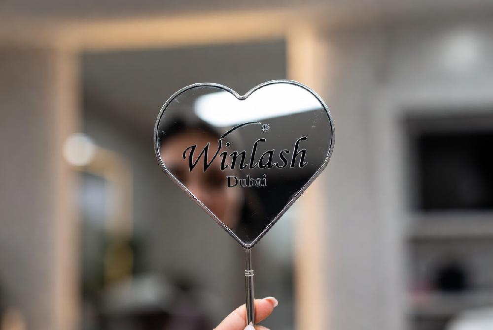 Stainless steel lash extension mirror with ergonomic long handle – perfect top-down view for checking eyelash extensions during application without client opening eyes | Winlash UAE