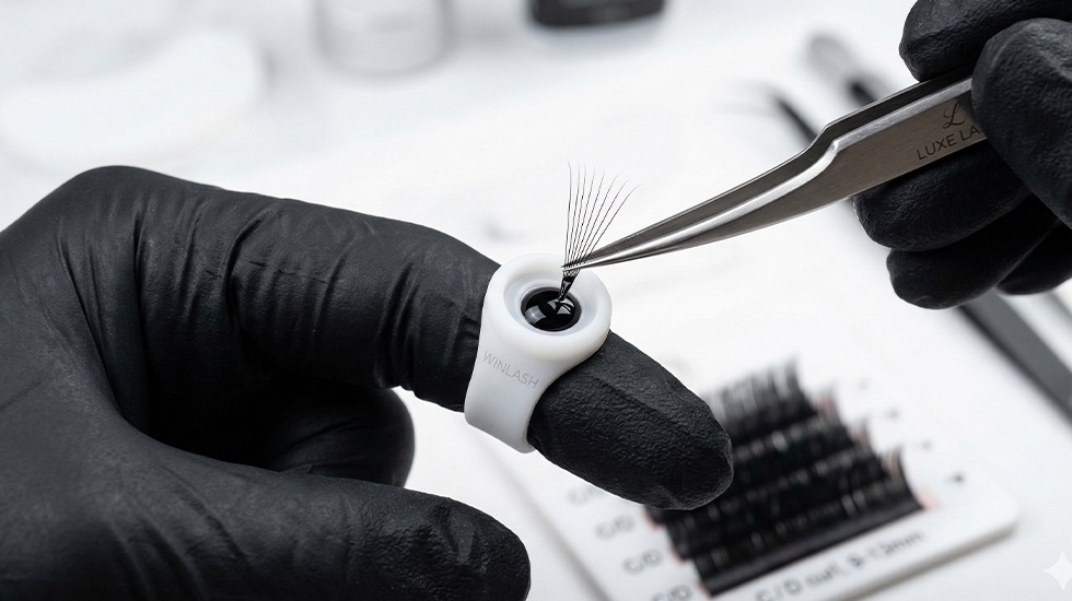 Winlash Eyelash Glue Ring - Reusable Dual-Compartment Adhesive Holder Professional plain and grooved glue rings for eyelash extension adhesive management