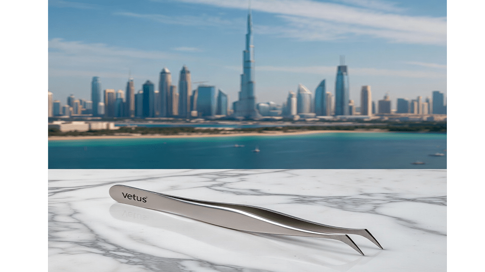 The Vetus Dolphin Tip Eyelash Tweezer in action, showcasing its curved precision tip for seamless lash isolation.