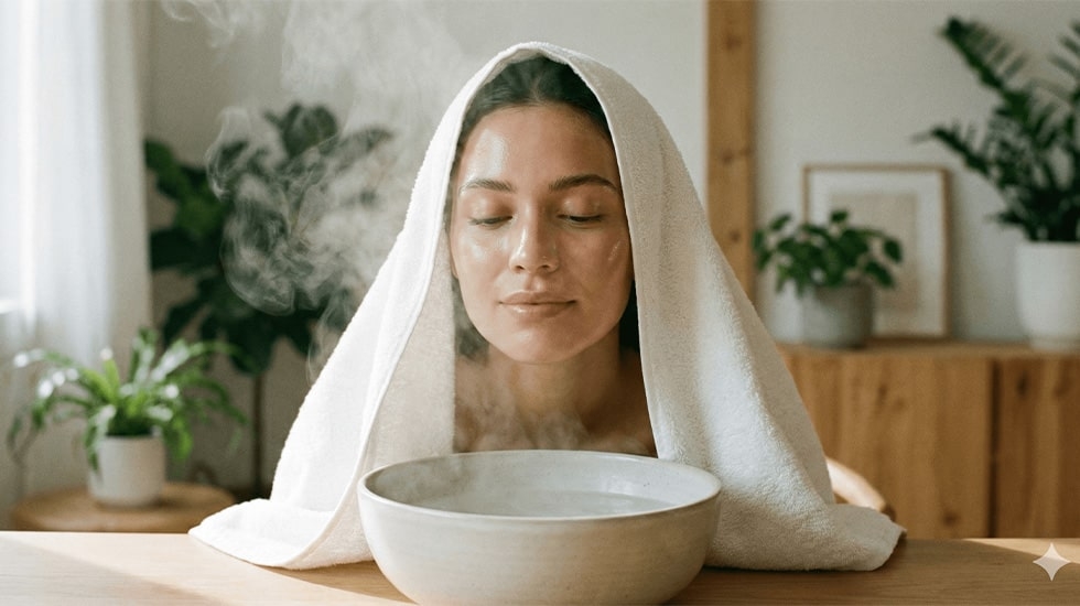 Facial steam bath process to loosen eyelash extension glue at home