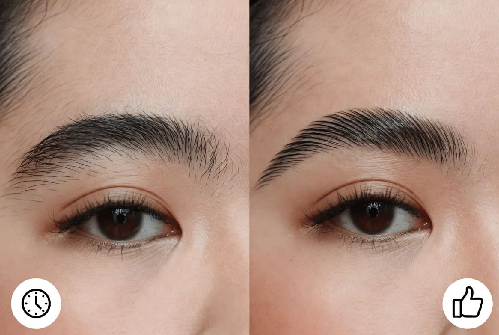 Brow Lamination Benefits: Transform Thin Brows to Perfect Fluffy Look | Winlash Before and after brow lamination showing fuller, fluffier and more defined eyebrows