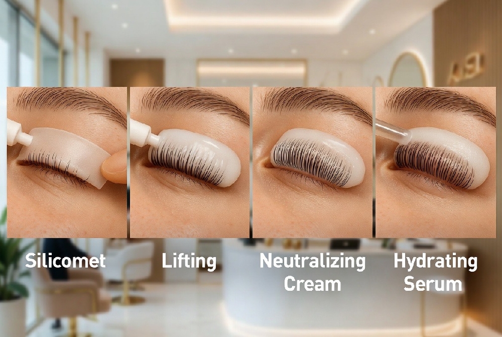 Step-by-step lash lift process in Dubai salon: silicone shields, lifting cream, neutralizing, and hydrating serum for natural curl