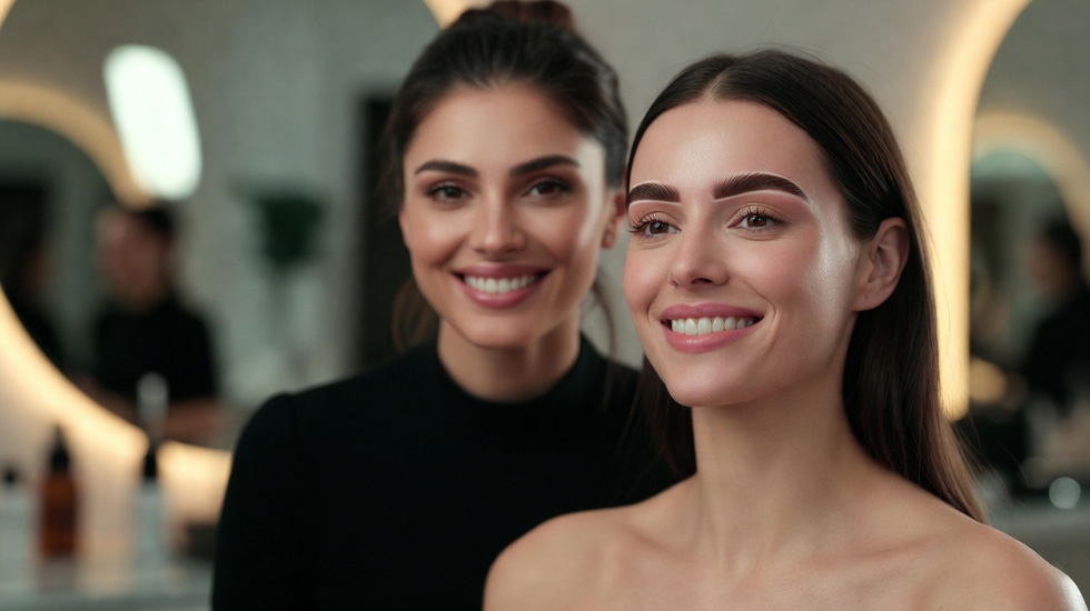 Two clients with long-lasting crisp brow tints achieved through proper oily skin preparation
