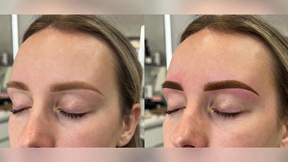 Before and after comparison of brow tint retention on oily skin with proper clinical prep