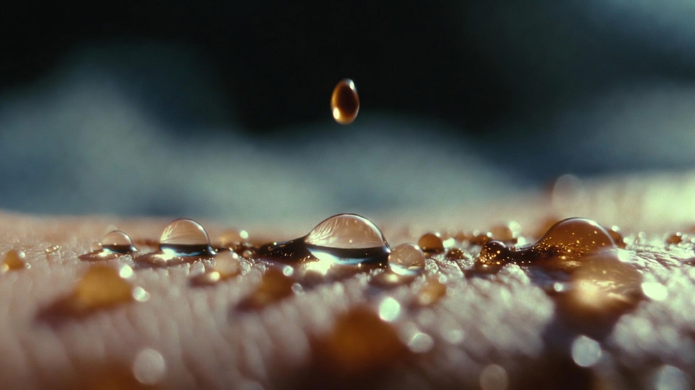 Close-up of skin with sebum and oil droplets showing why oily skin rejects brow tint pigment