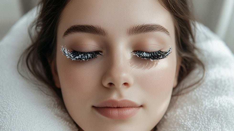 Comparison of shock curing vs blooming effect on eyelash extensions showing chalky white residue causes